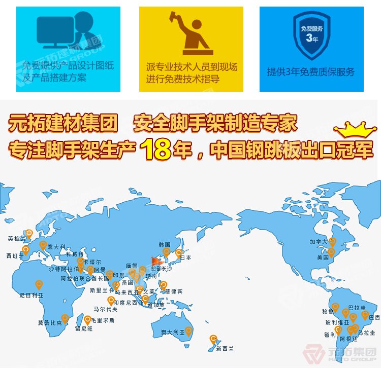 元拓建材集團，安全腳手架制造專家！專注腳手架生產(chǎn)18年，中國鋼跳板出口冠軍！